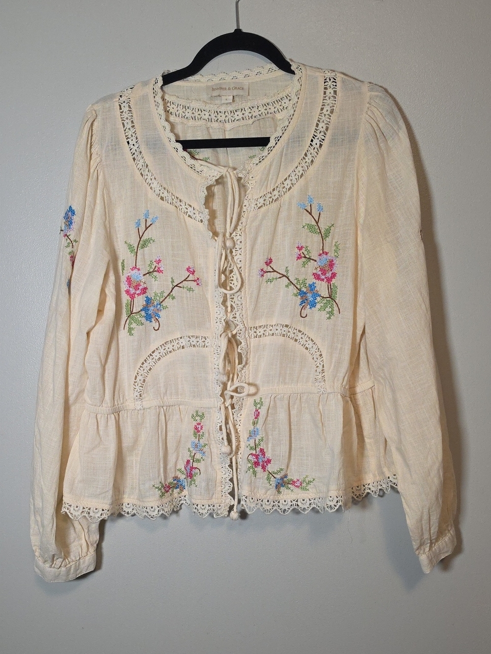 Embroidered Cream Peplum Blouse with Lace Tie-Front